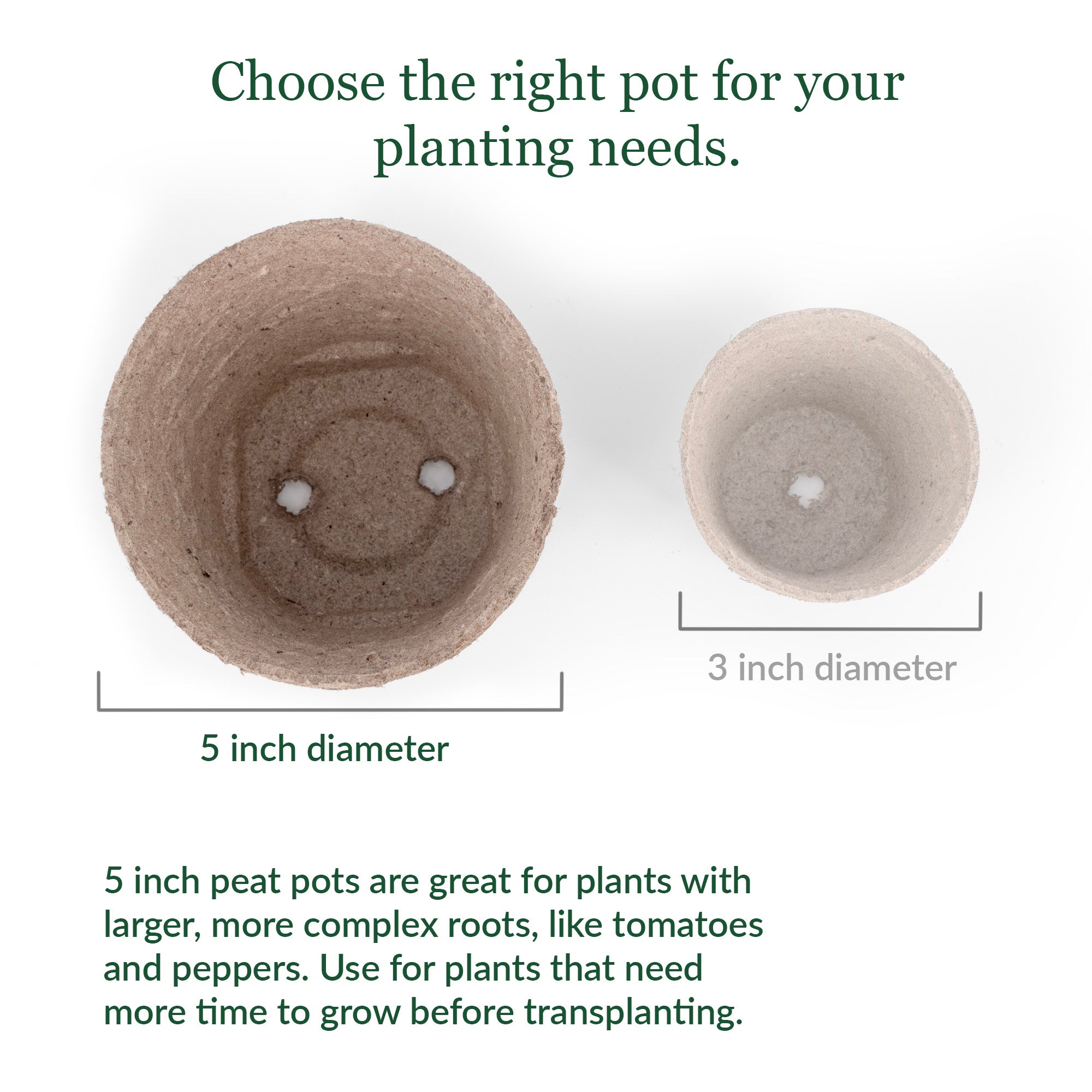 Two peat pots with measurements and text on a white background